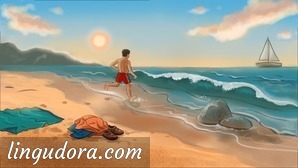 On the left side there is a beach with a towel and a pile of clothes next to it. A man is running towards the sea right into a big wave coming in. On the sea a small sailing boat is discernible near the right edge of the picture. In the background the glowy sun is about to set, bathing the clouds in a moody reddish light.