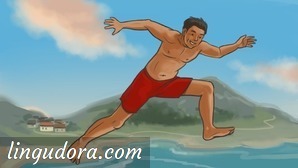 A middle-aged man is jumping in the air in front of an island scenery.