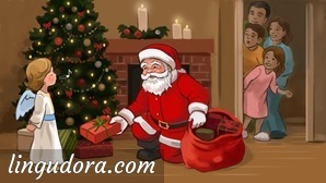 It's Christmas eve. Santa Claus is kneeling in front of a chimney. He is taking presents out of his bag and putting them under the Christmas tree. An angel standing next to Santa is wistling a melody. In the background the whole family is hiding and watching the scene.