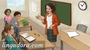 A female teacher is standing in front of the blackboard talking to one of the three students that are sitting at their school desks. A book, a workbook, an empty piece of paper and a pen are spread across the desks. Next to the blackboard a clock is hanging on the wall.
