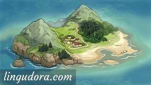 A small island in the middle of the sea is shown from a bird's eye perspective. There are two mountains and a village situated in the valley between them. Paths are leading from the village past a forest up one of the mountains and along a beach.