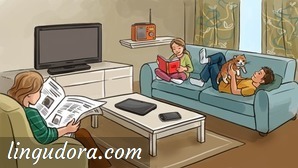 Eine Frau sitzt in einem Sessel und liest Zeitung. Gegenüber auf einem Sofa sitzen ihre Tochter, die ein Buch liest, und ihr Sohn, der mit einer Katze spielt. Zahlreiche technische Geräte sind im Raum verteilt.