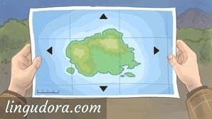 Some one is holding a map showing an island in the sea. Along the edges of the map there are four arrows, each pointing in a different cardinal direction.