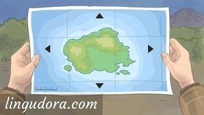 Some one is holding a map showing an island in the sea. Along the edges of the map there are four arrows, each pointing in a different cardinal direction.