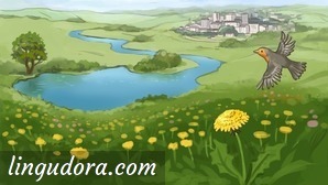 In the foreground a bird is flying over a meadow full of dandy lions. In the middle of the picture there is a lake with a tree near the water front. In the background a river is flowing past a city towards the lake.