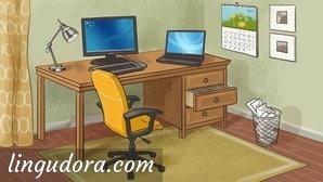 A desk is positioned against the back wall. On top there is a lamp, a computer and a notebook. One of the desk's drawers is half open. In front of the desk there is a yellow office arm chair and a paper waste bin. On the wall there is a calender.