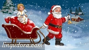 Santa Claus is dragging a sleigh through a snowy landscape towards a distant house. In his left hand Santa is holding a bell. The sleigh is charged with a bag of presents and an angel sitting on top.