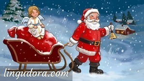 Santa Claus is dragging a sleigh through a snowy landscape towards a distant house. In his left hand Santa is holding a bell. The sleigh is charged with a bag of presents and an angel sitting on top.